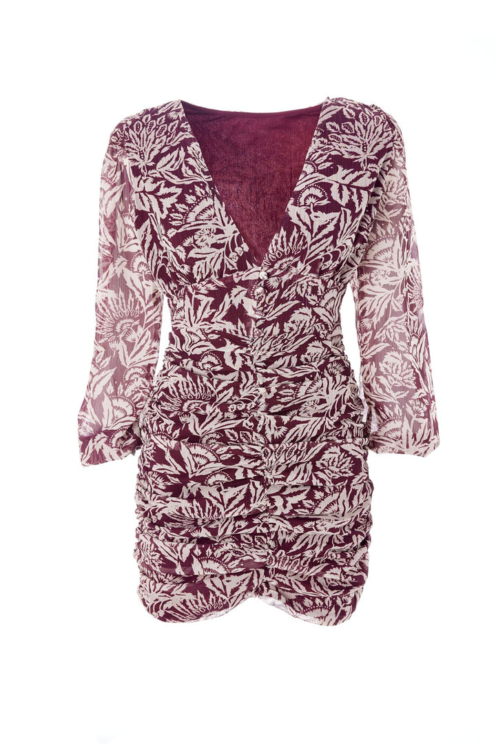 Patterned V Neck Mini Dress Claret Red