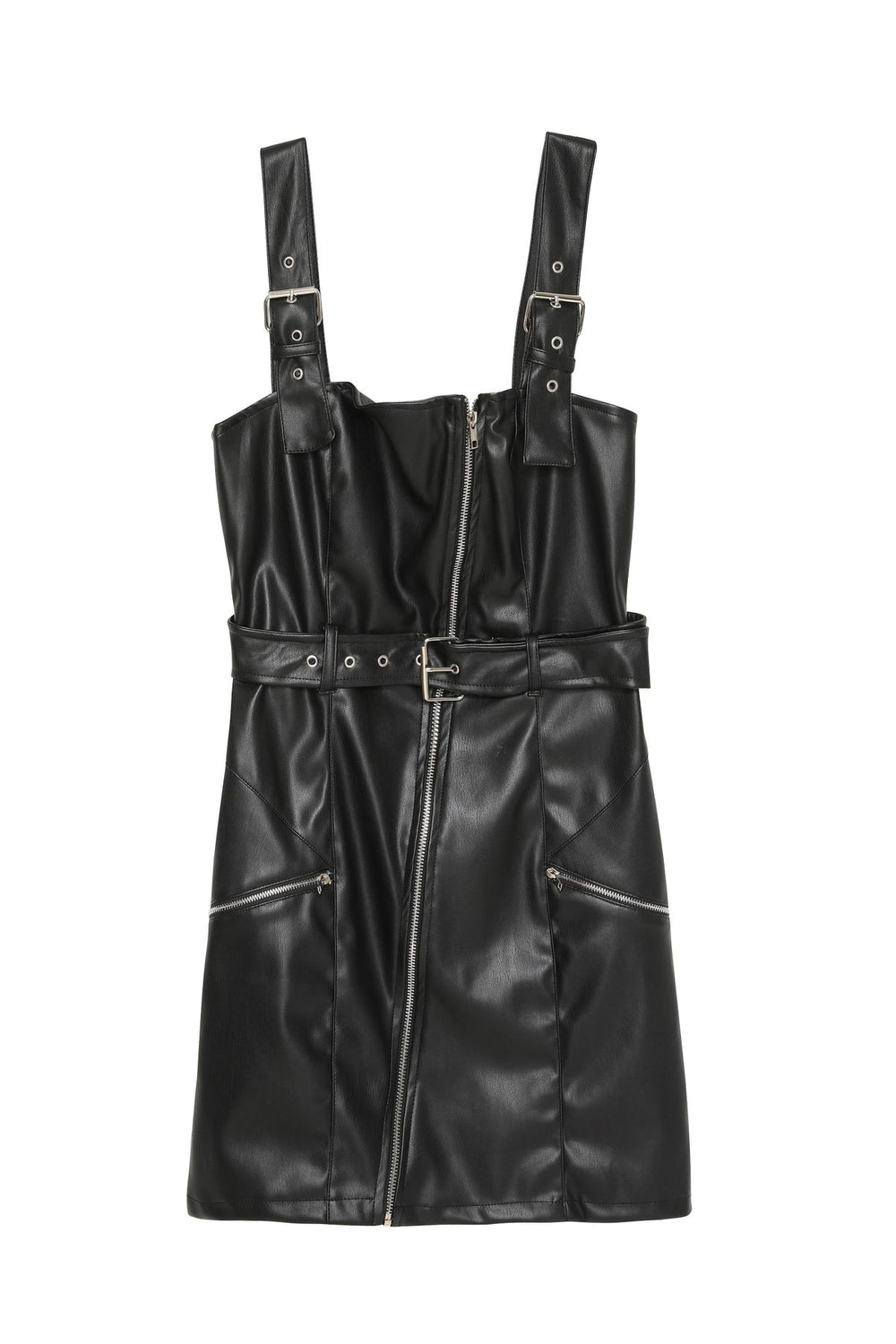 Zipper Detailed Leather Mini Dress Black