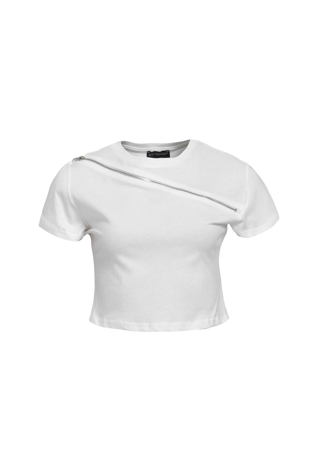 Fermuar Detaylı Crop Tişört Beyaz