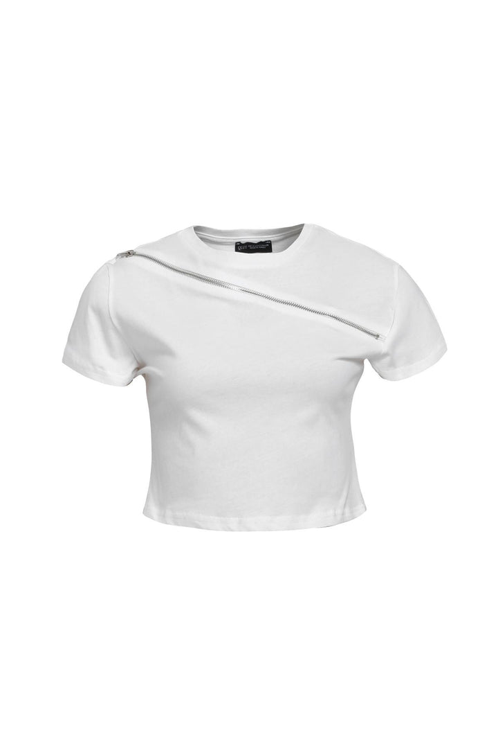 Fermuar Detaylı Crop Tişört Beyaz