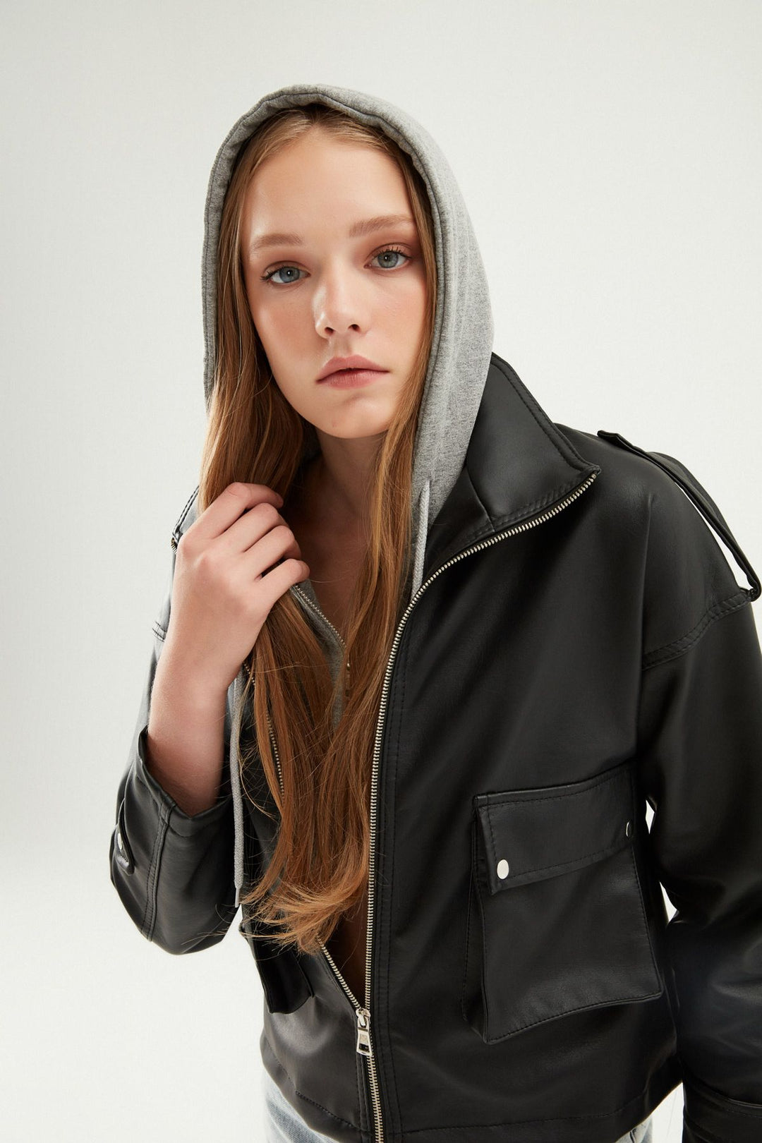 Hooded Leather Jacket Black