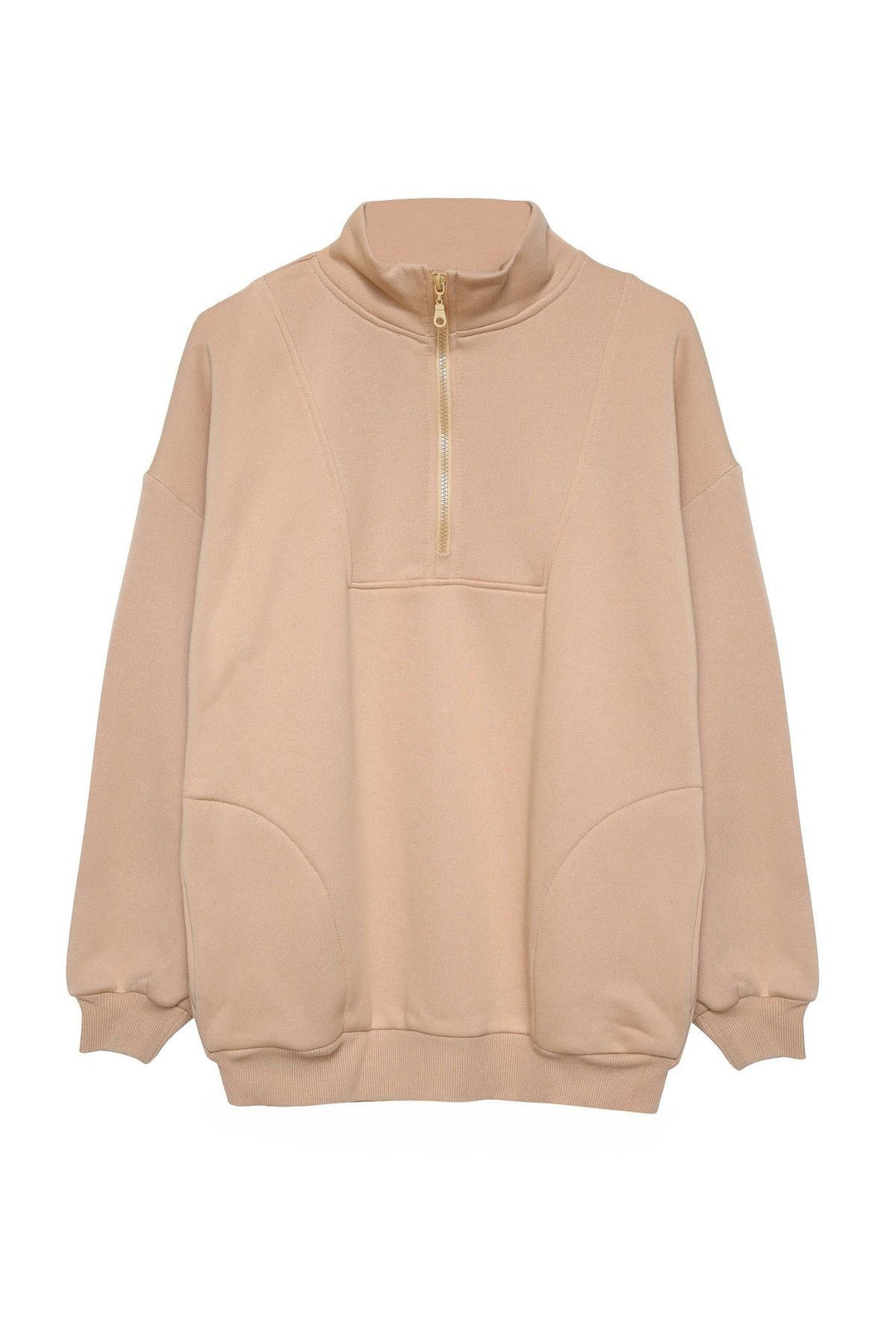 Zippered Turtleneck Sweatshirt Beige