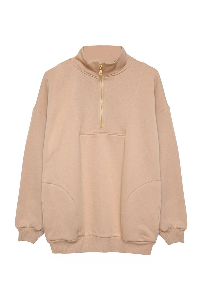 Zippered Turtleneck Sweatshirt Beige