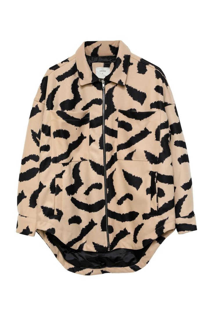 Fermuar Detaylı Leoparlı Ceket Bej