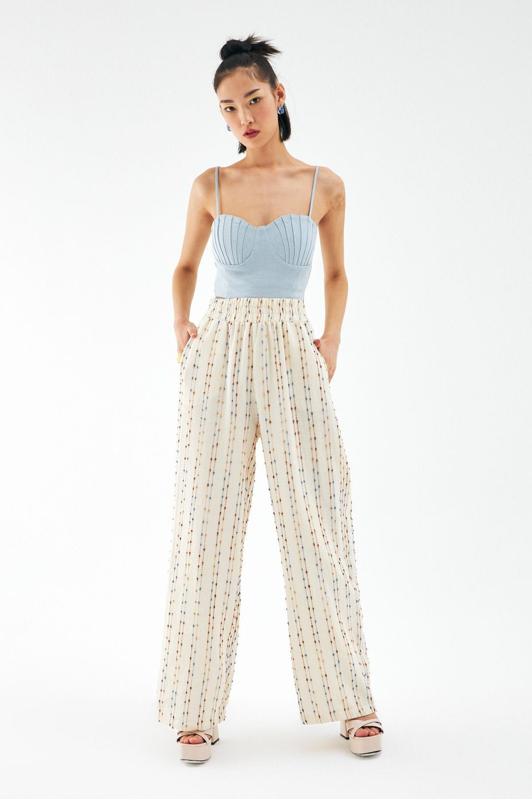 Dokulu Yüksek Bel Pantolon Naturel