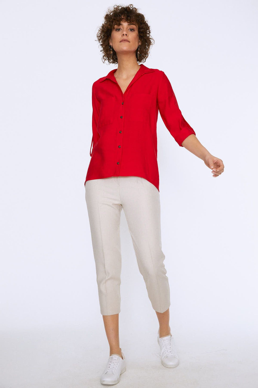 V Neck Three Quarter Sleeve Shirt Red
