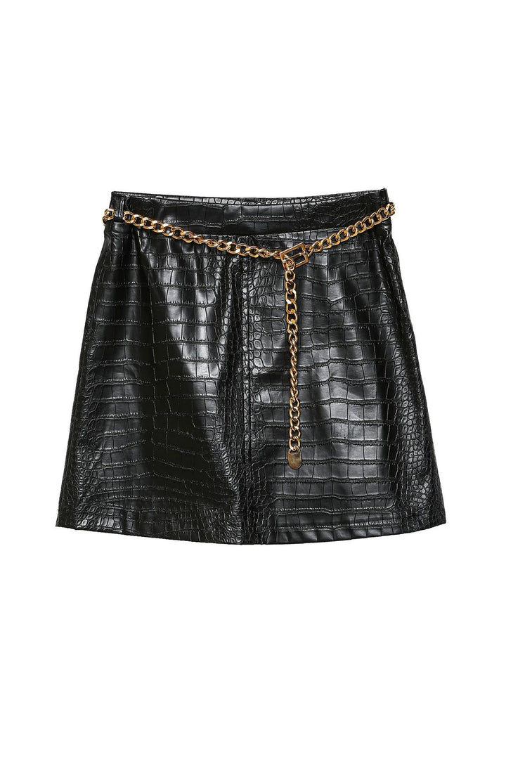 Chain Detailed Leather Mini Skirt Black