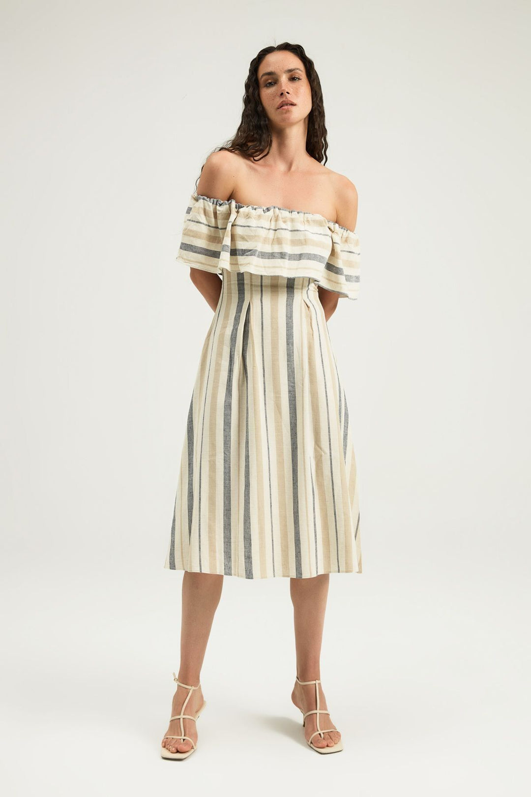 Striped Ruffle Linen Dress Beige
