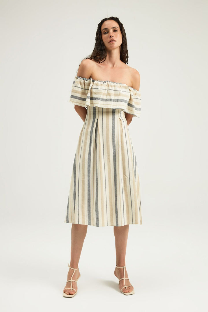 Striped Ruffle Linen Dress Beige