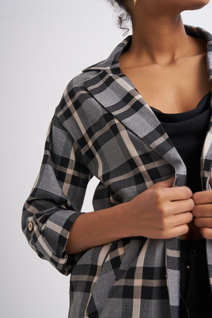 Tek Düğmeli Ekose Ceket Gri