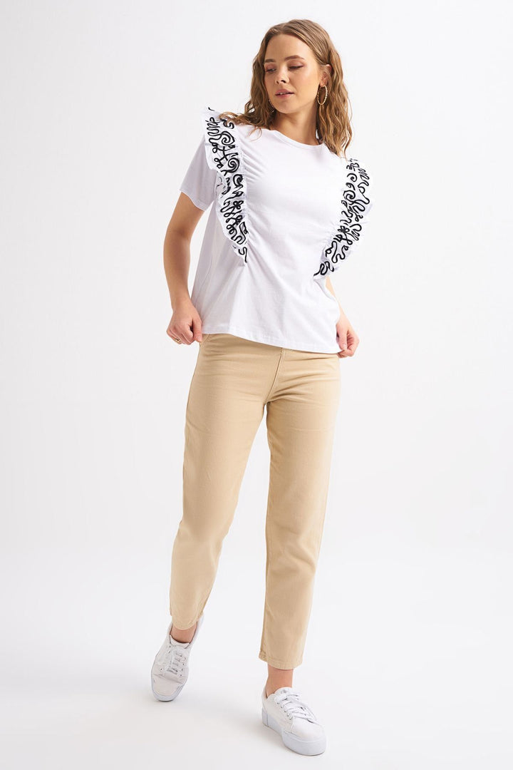Frilly Embroidery Detailed T-Shirt White