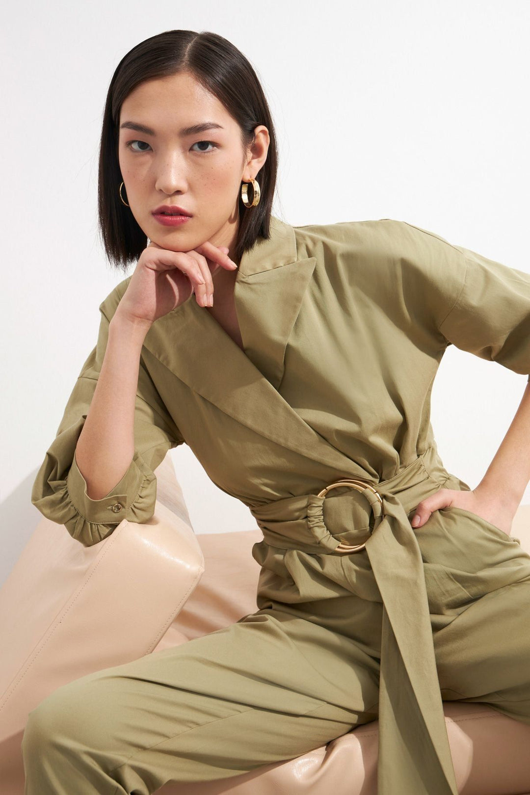 Waist Belt Balloon Sleeve Jumpsuit Khaki