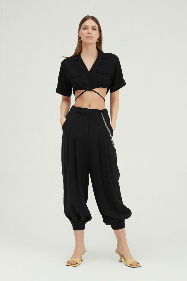 Tie Front Crop Linen Shirt Black