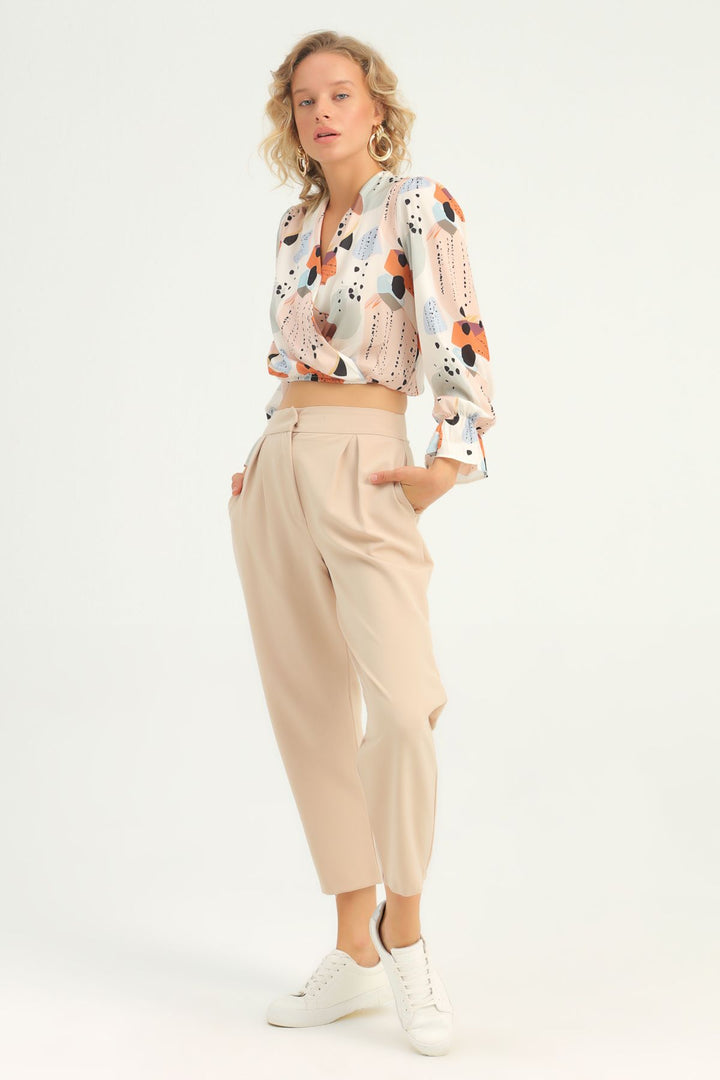 Pileli Yüksek Bel Pantolon Bej