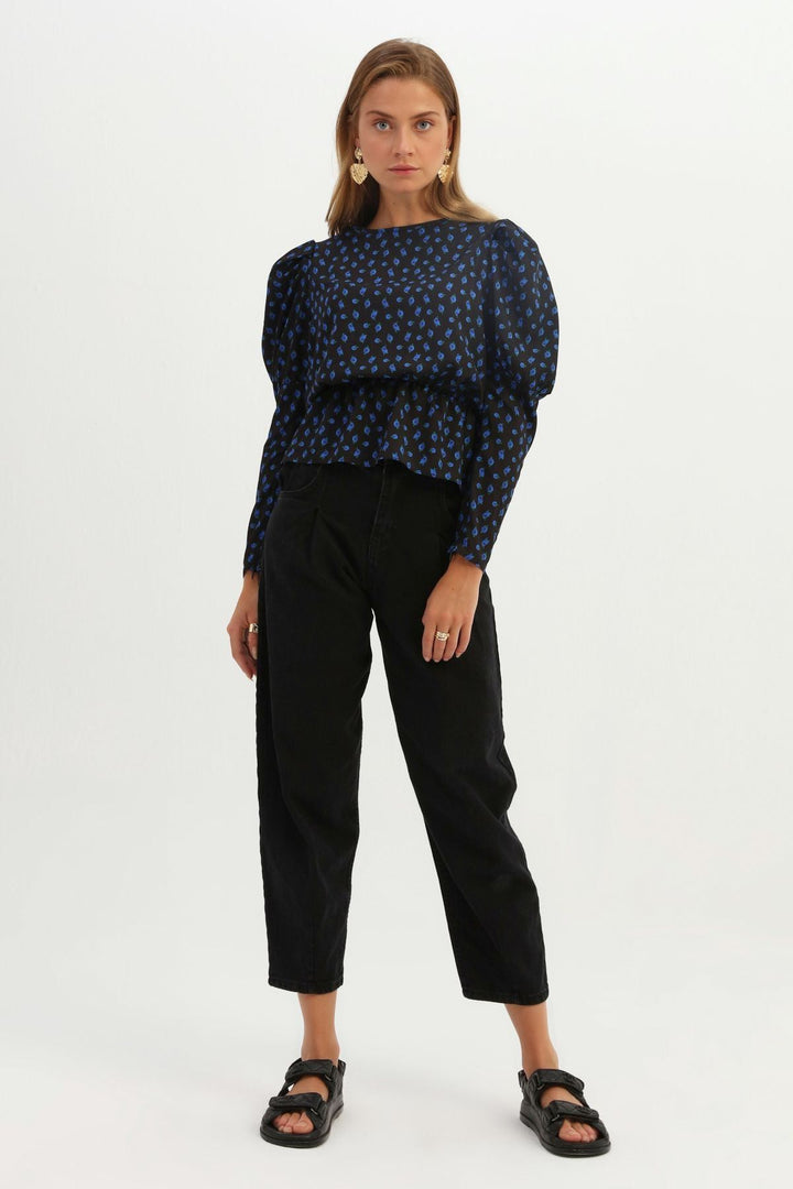 Patterned Pleated Waist Blouse Sax