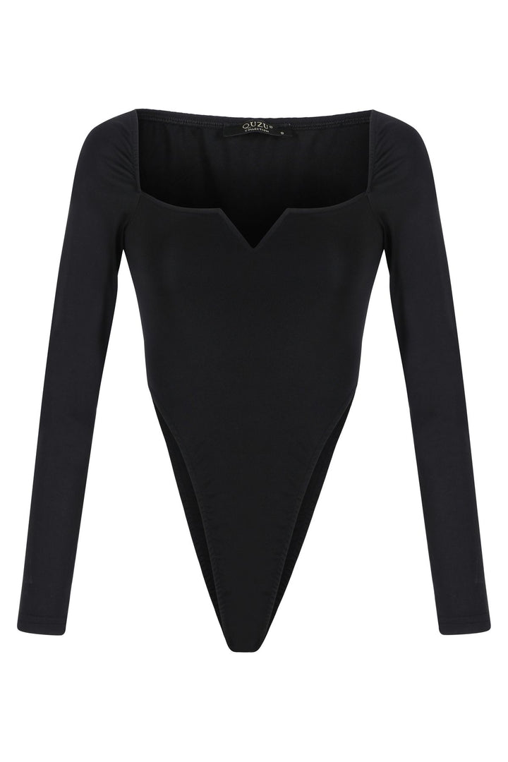 Square Collar Long Sleeve Bodysuit Black