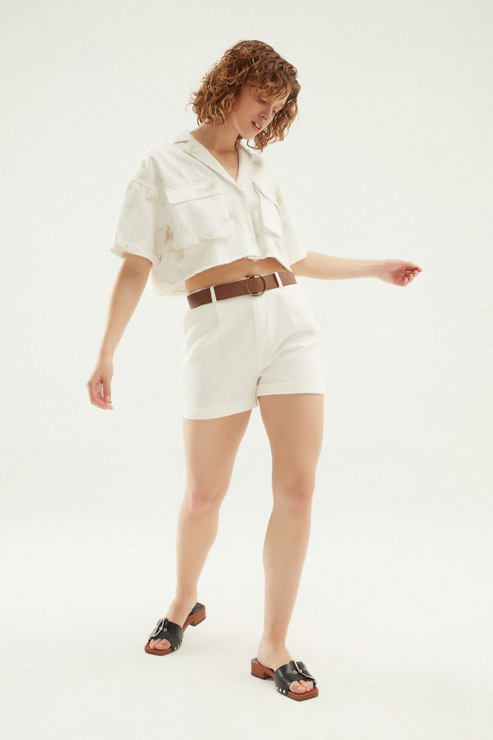 Desenli Cepli Crop Gömlek Beyaz