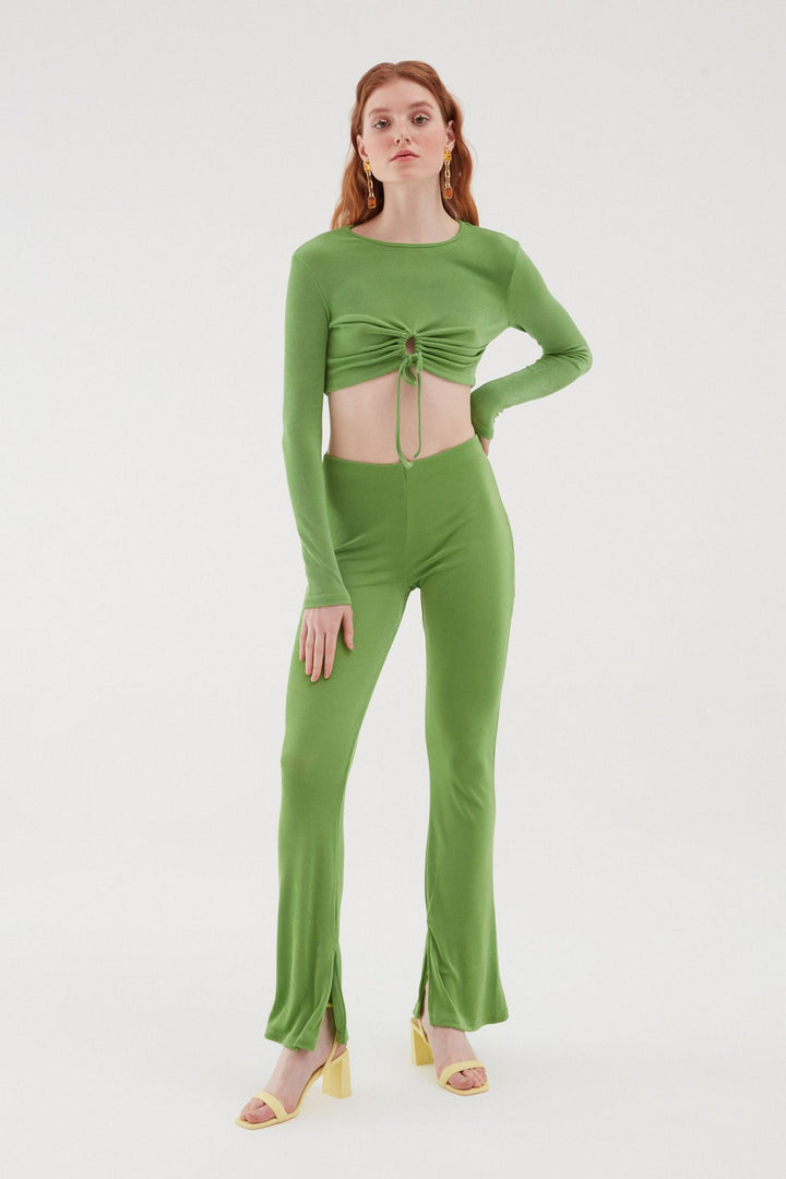 Dokulu Bol Paça Pantolon Yeşil