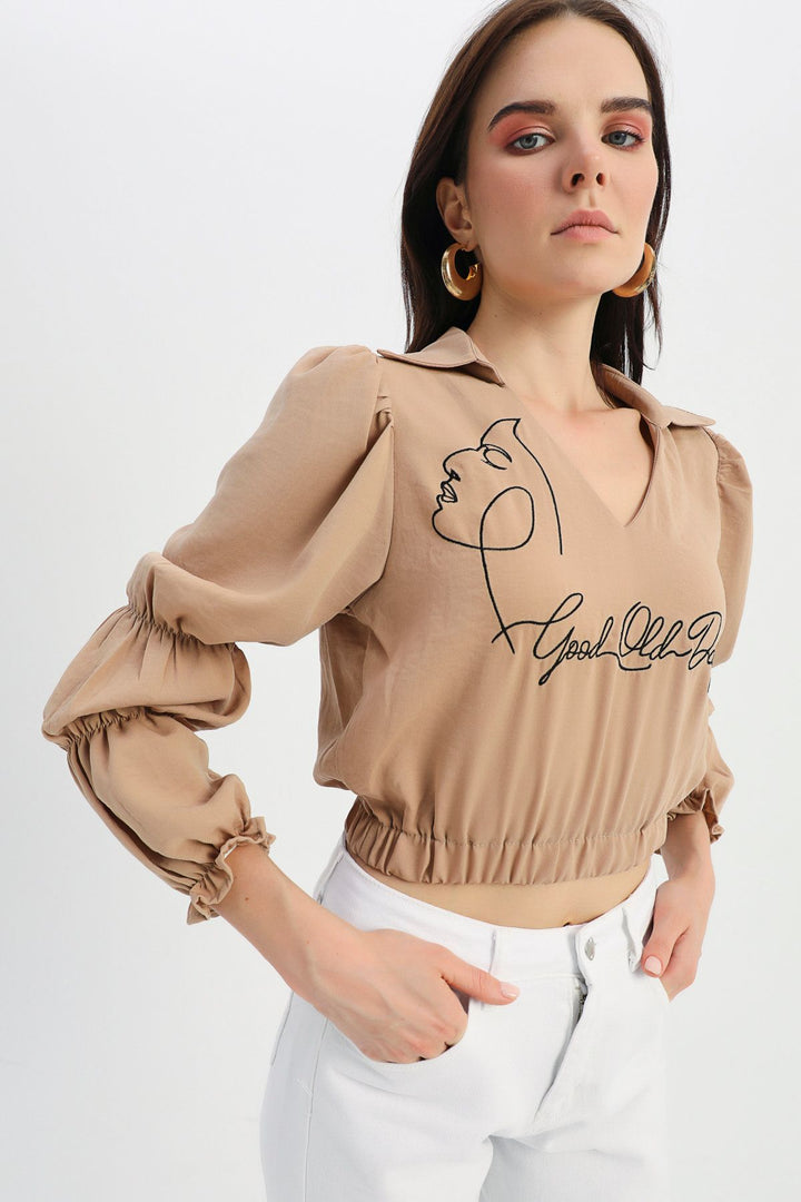 Embroidered V Neck Blouse Camel