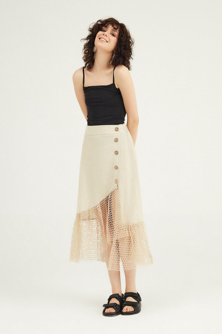Mesh Detailed Buttoned Linen Skirt Natural