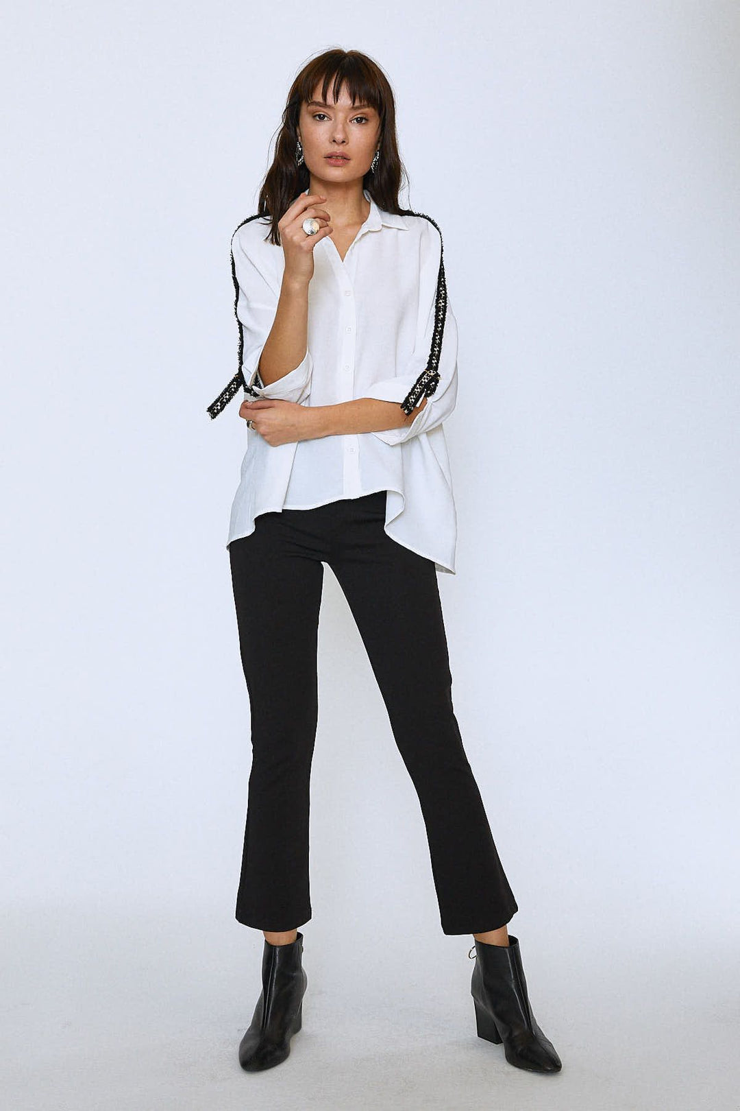 Striped Sleeves V-Neck Shirt Ecru