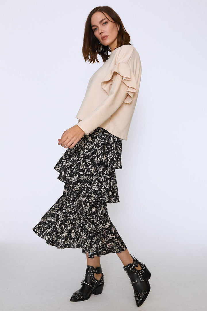 Crew Neck Sleeves Frilly Sweatshirt Beige