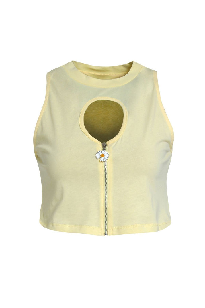 Decollete Detailed Zippered Sleeveless T-Shirt Light Yellow