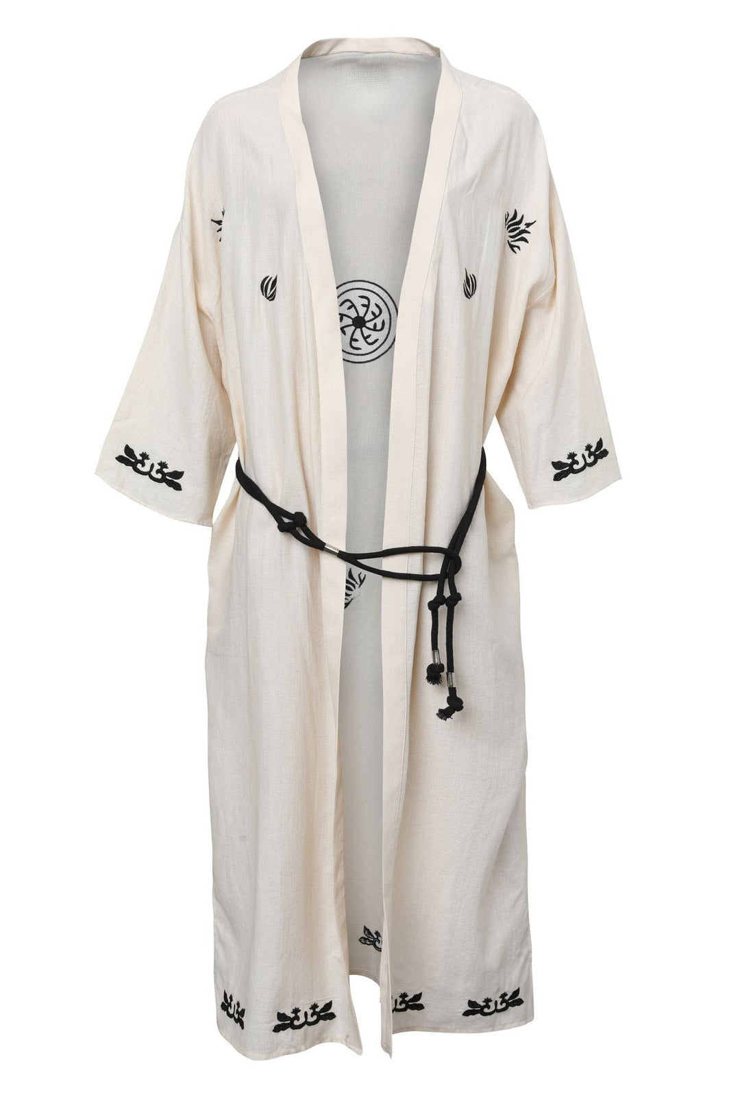 Nakışlı Kuşaklı Keten Kimono Bej