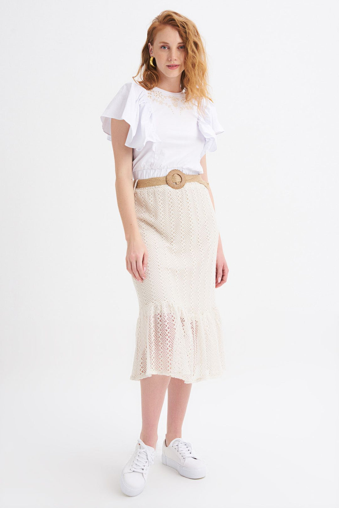 Straw Belt Detailed Guipure Skirt Ecru