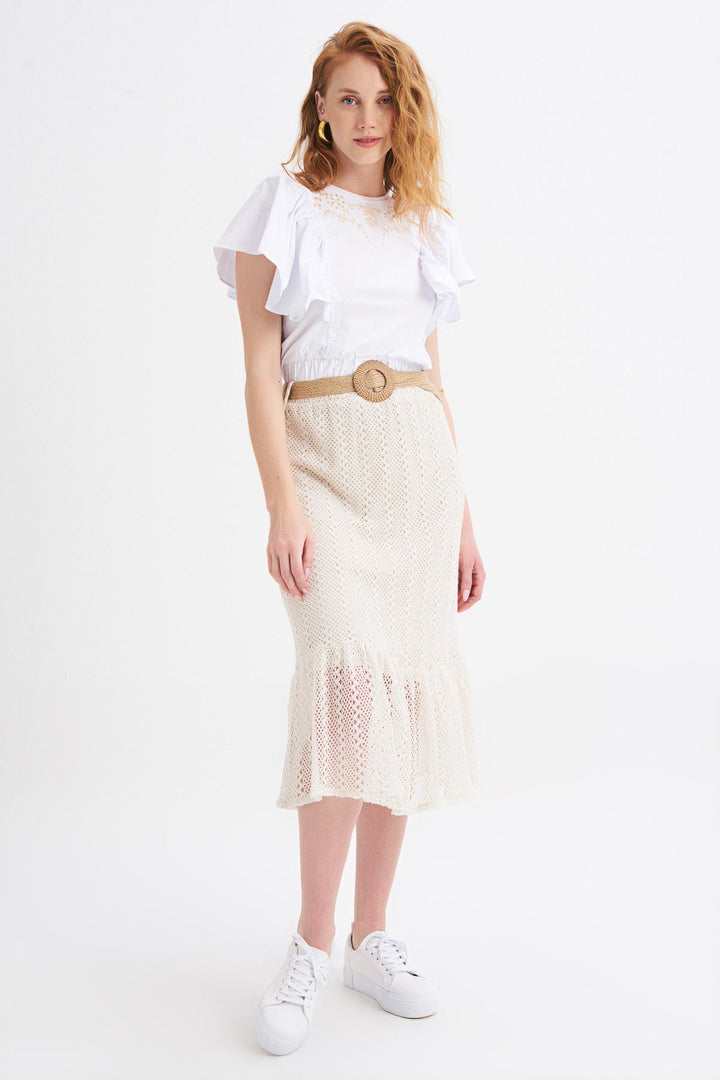 Straw Belt Detailed Guipure Skirt Ecru