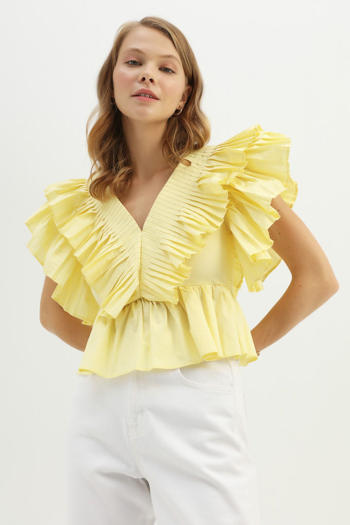V Yaka Fırfırlı Bluz Sarı