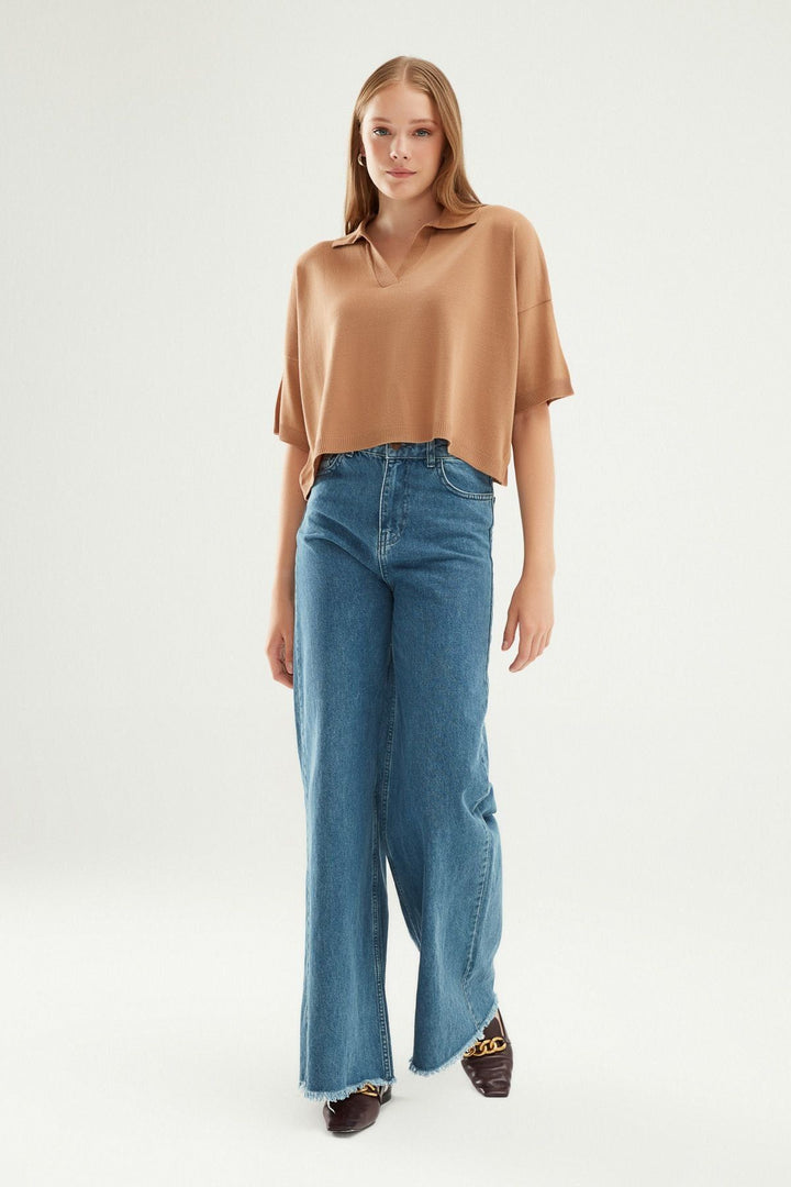 Oversize Polo Yaka Triko Camel