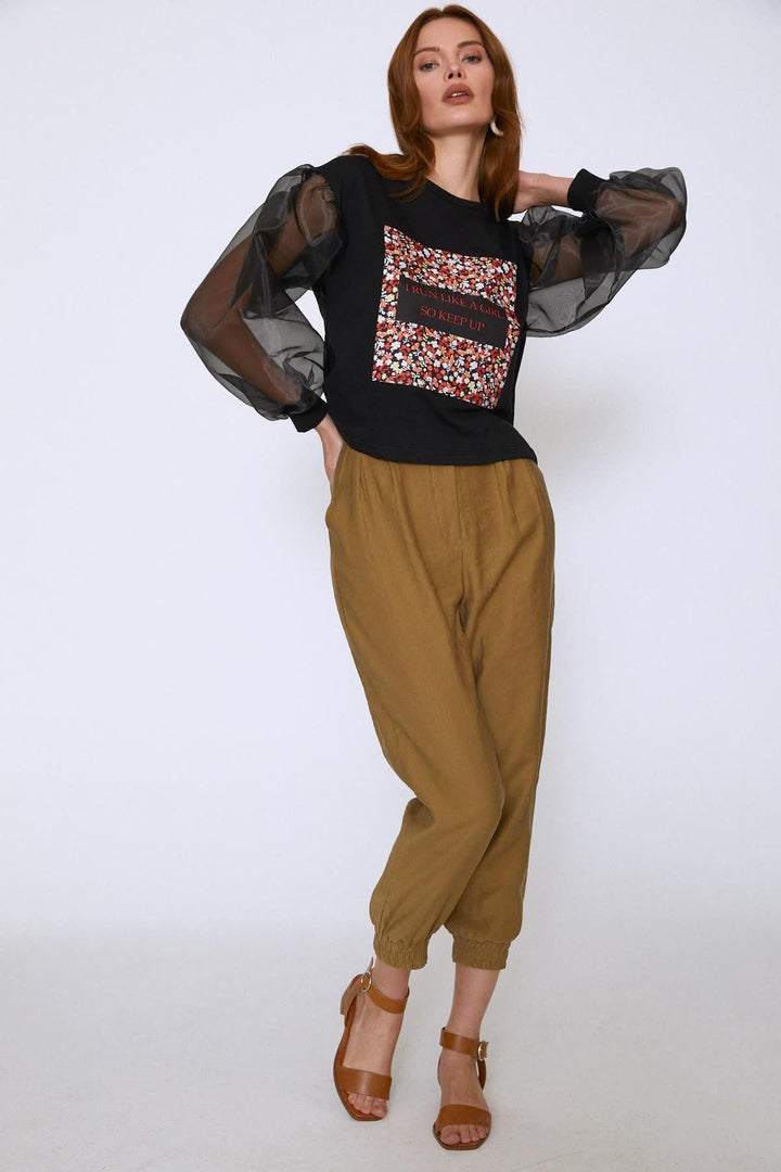 Organze Kollu Önü Baskılı Sweatshirt Siyah