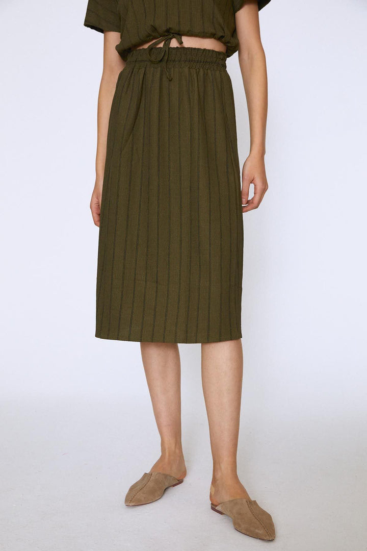 Striped Elastic Waist Midi Skirt Khaki