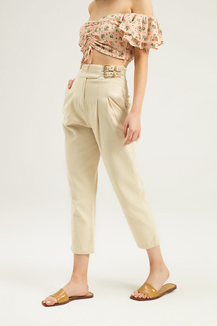 Tokalı Gabardin Yüksek Bel Pantolon Taş