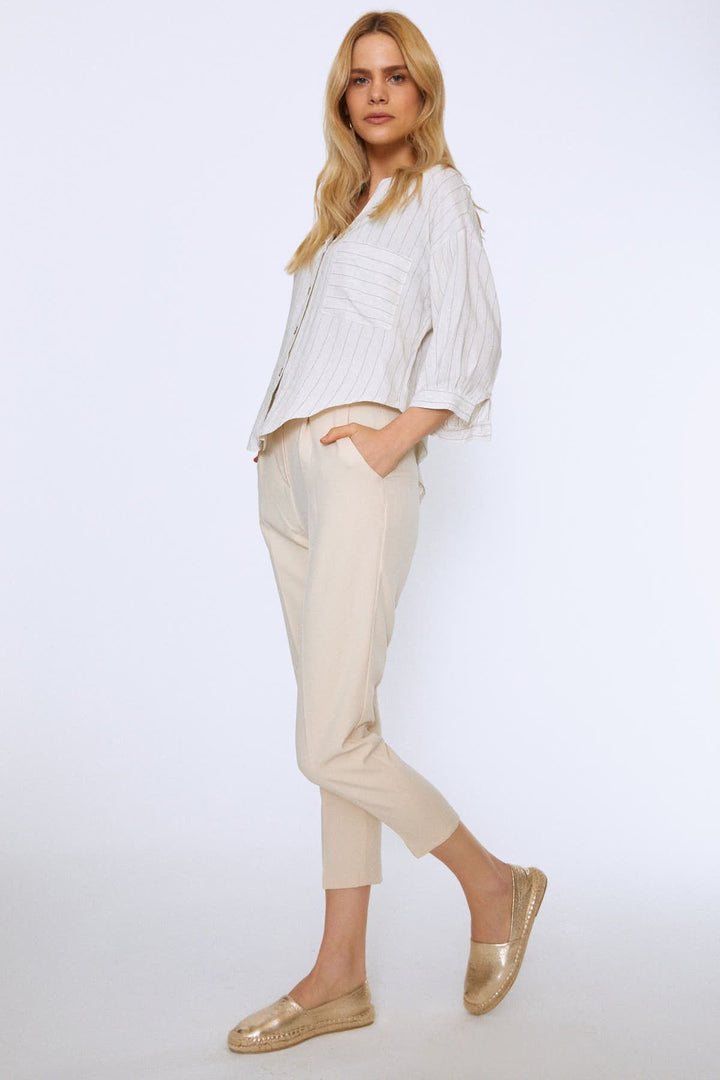 Çizgili Keten Gömlek Ekru