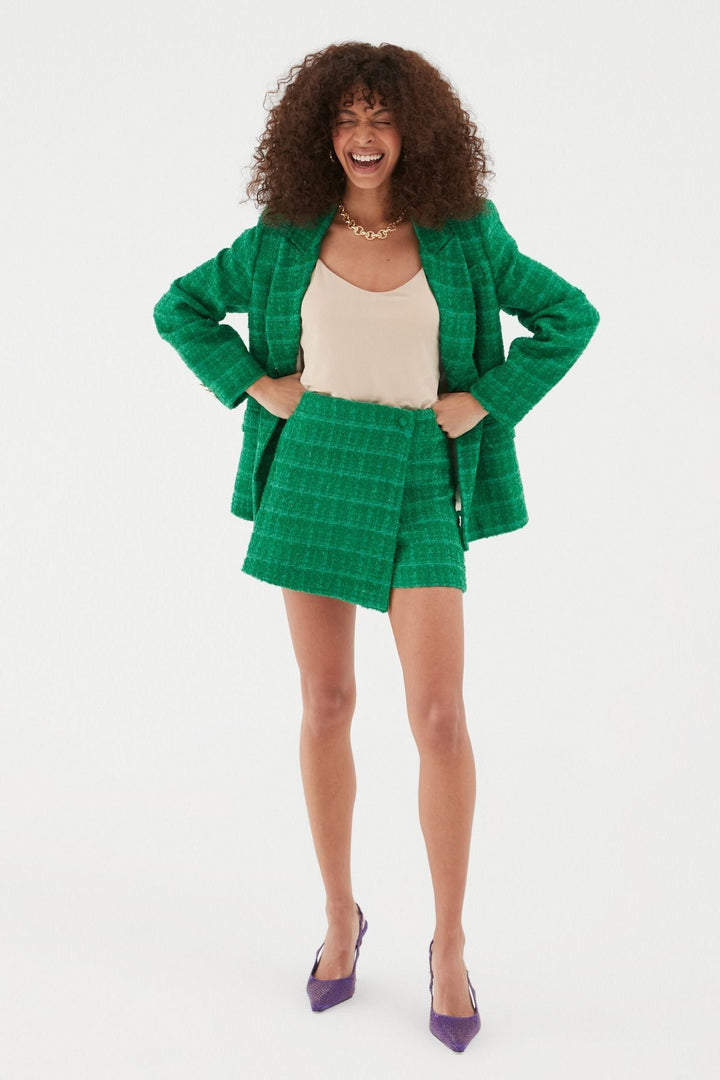 Tweed Patterned Mini Short Skirt Green