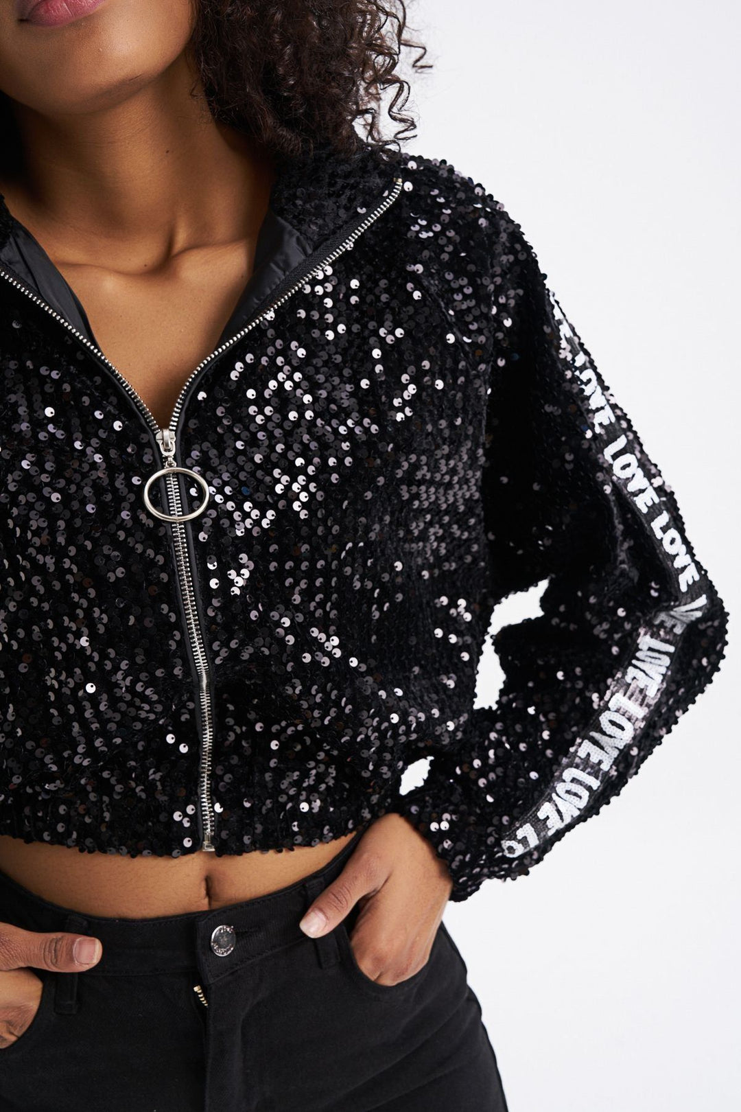 Şerit Detaylı Payetli Ceket Siyah