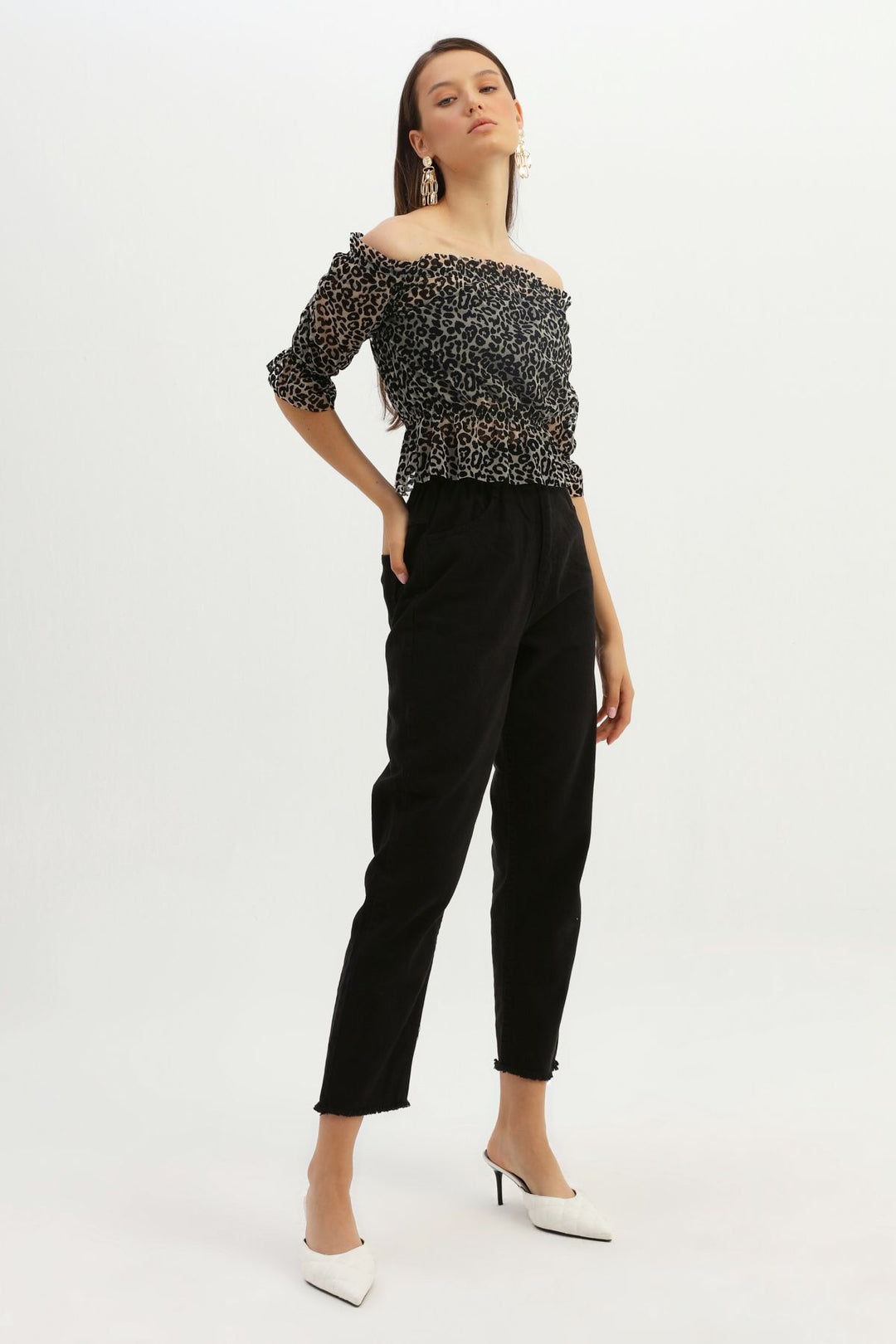 Patterned Off Shoulder Tulle Blouse Black