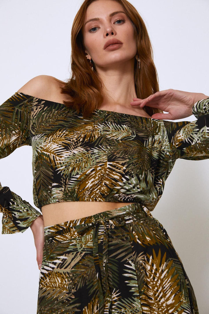 Palm Patterned Wrap Skirt Khaki