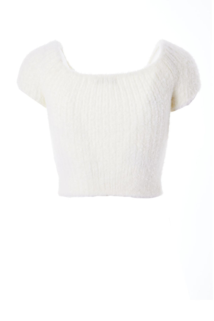 Düşük Omuz Crop Triko Beyaz