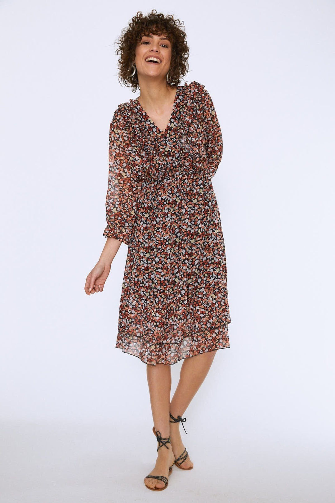 Önü Düğmeli Beli Lastikli Midi Elbise Oranj