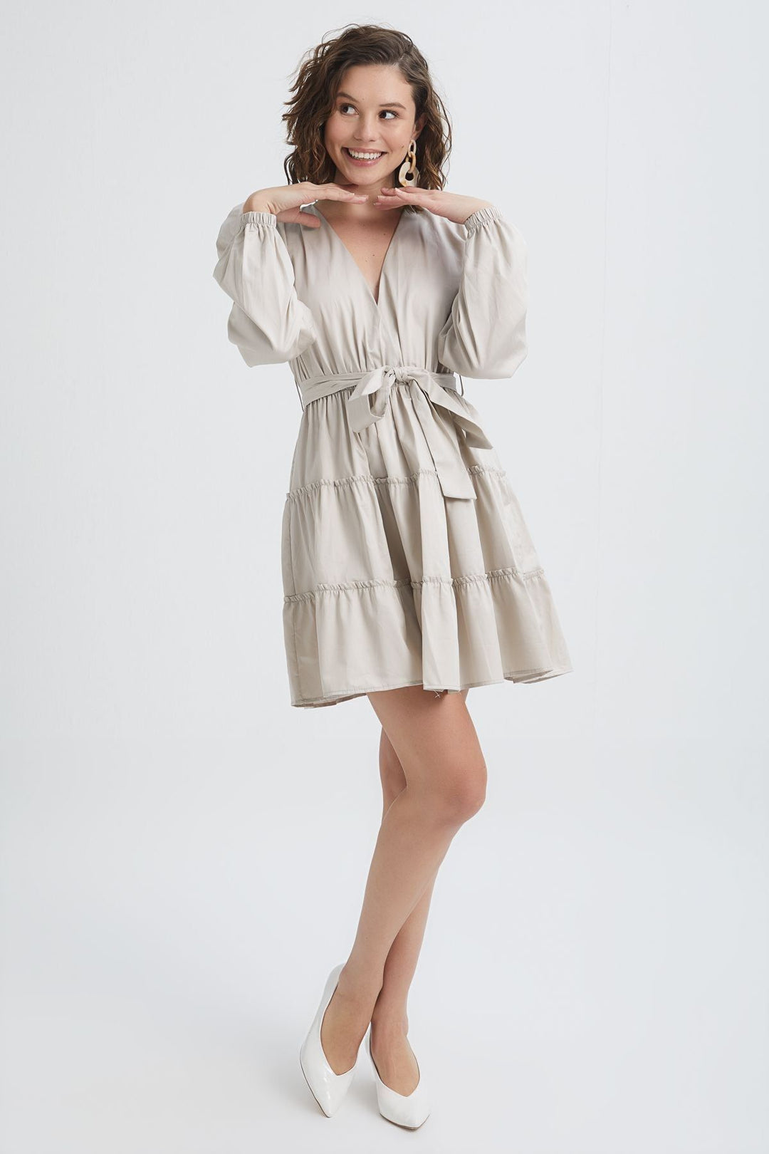 Double Breasted Balloon Sleeve Dress Stone