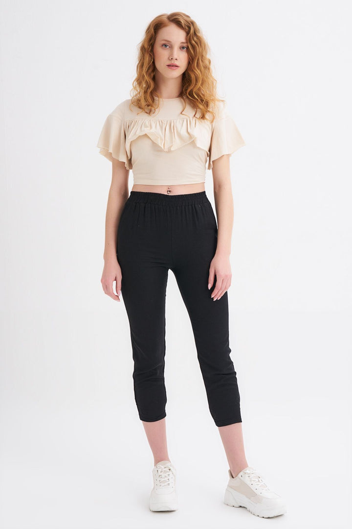Beli Lastikli Keten Pantolon Siyah