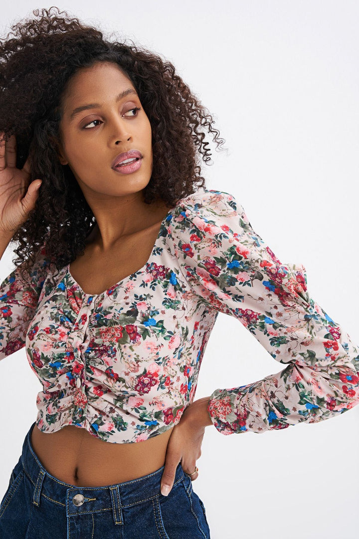 Floral Patterned Button Front Waistband Blouse Beige