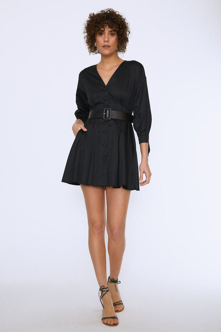 Waist Belt Buttoned Dress Black
