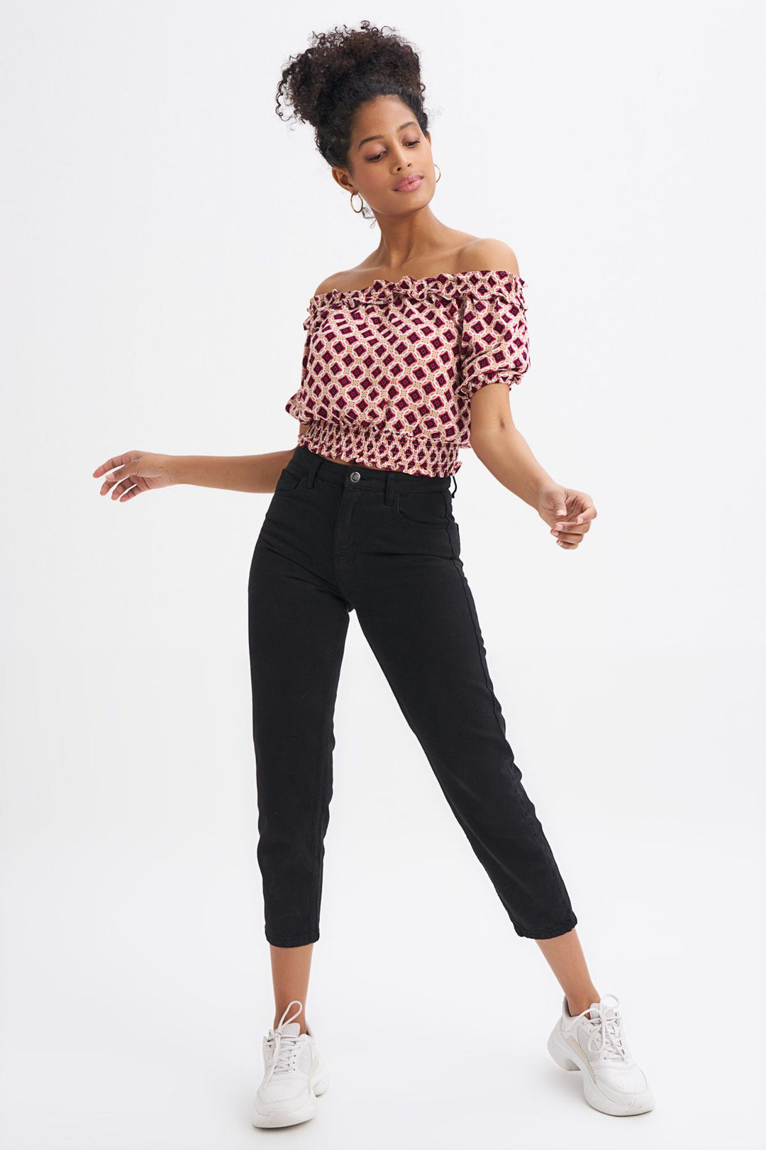 Patterned Off Shoulder Ruffle Detailed Blouse Claret Red