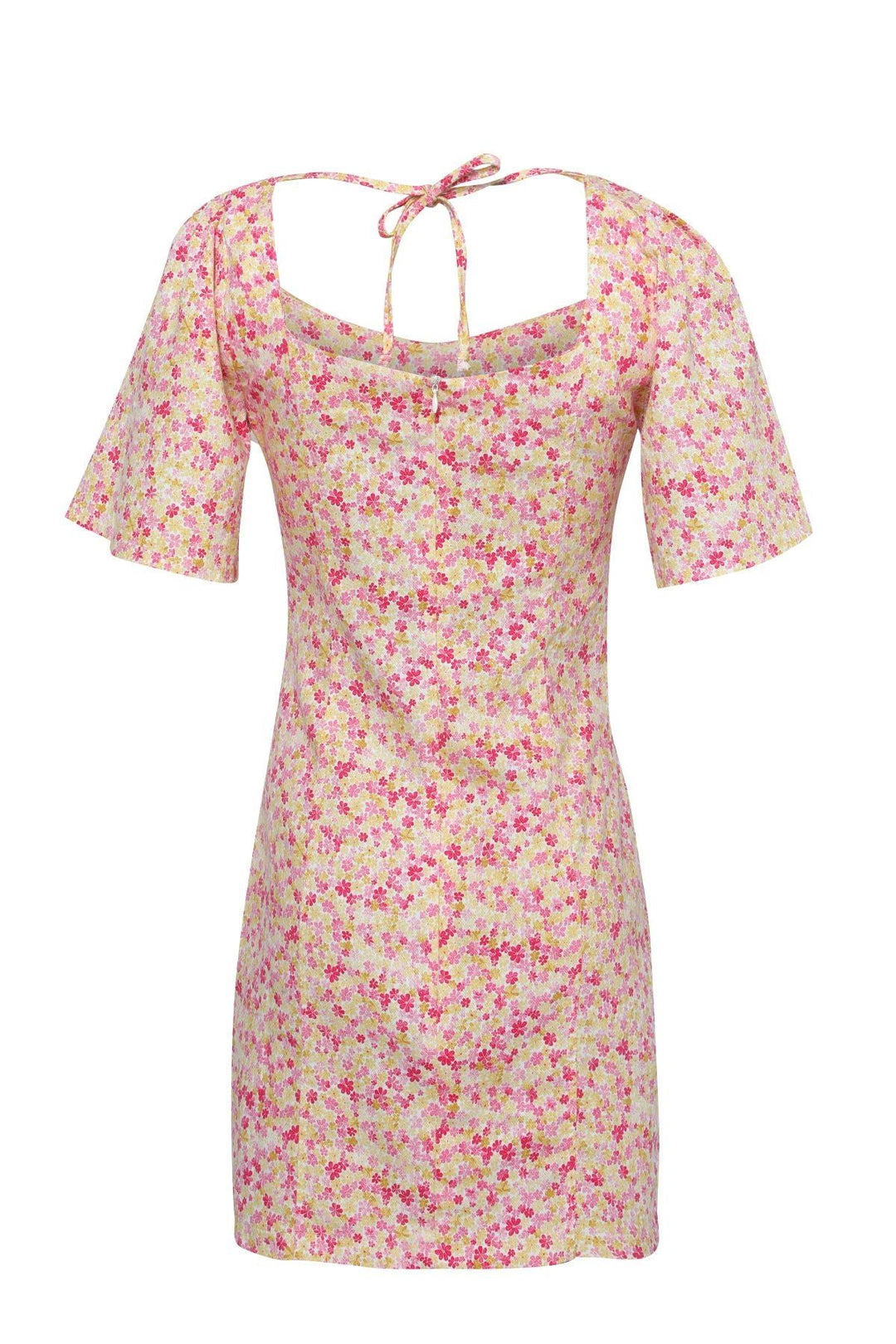 Çiçekli Kare Yaka Mini Elbise Pembe