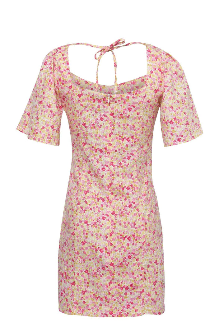 Çiçekli Kare Yaka Mini Elbise Pembe