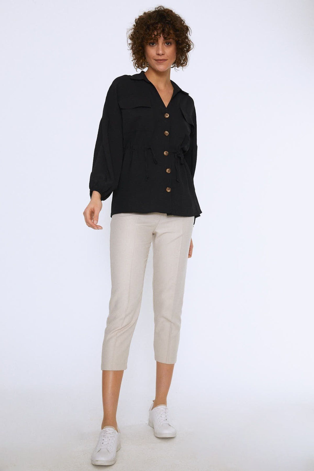 Tie Waist Pocket Shirt Black